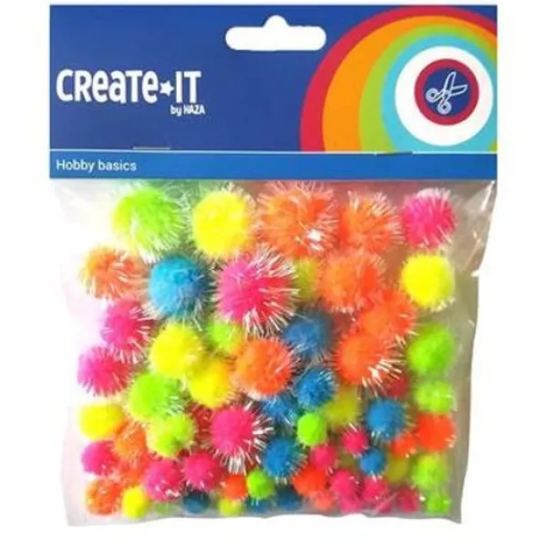 Haza Create-It Pompons Glitter Neon Mix 75 Stuks Clearance
